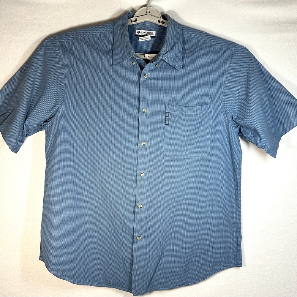 Columbia Blue Micro Check Shirt XXL 2XL Short Sleeve Button Down SP05 AM7072